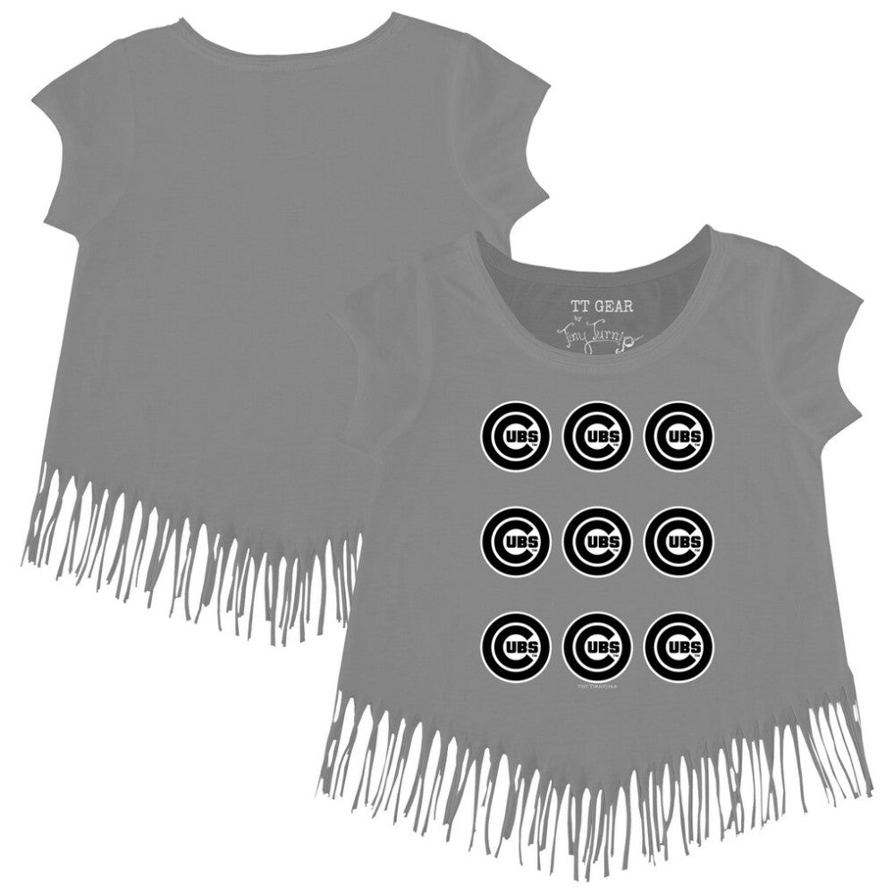 Chicago Cubs Tiny Turnip Girls Youth Logo Grid Fringe T-Shirt Gray