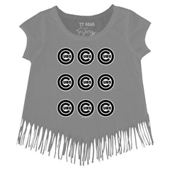 Chicago Cubs Tiny Turnip Girls Youth Logo Grid Fringe T-Shirt Gray