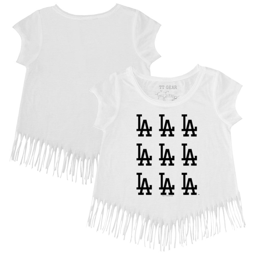 Los Angeles Dodgers Tiny Turnip Girls Youth Logo Grid Fringe T-Shirt White