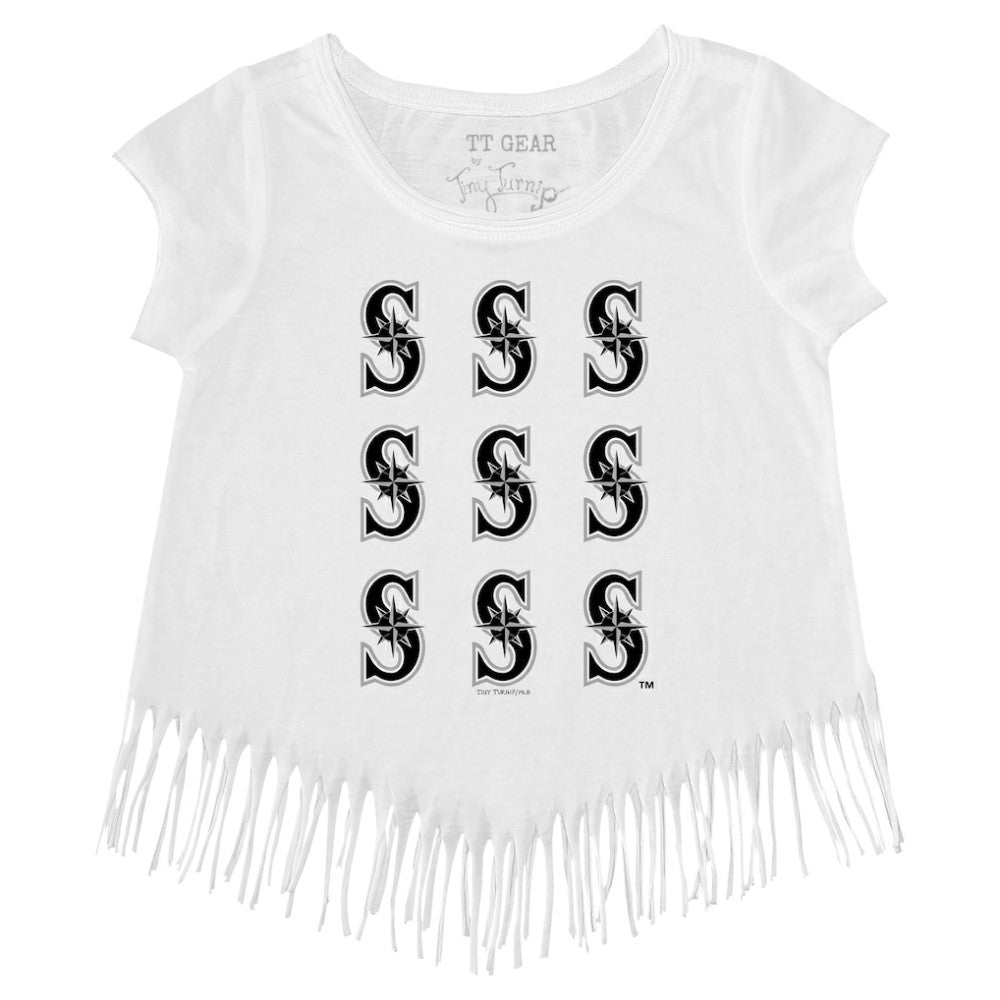 Seattle Mariners Tiny Turnip Girls Youth Logo Grid Fringe T-Shirt White