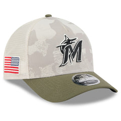 Miami Marlins 2025 Armed Forces Day 9FORTY M-Crown A-Frame Adjustable Hat Light Beige/Olive | New Era