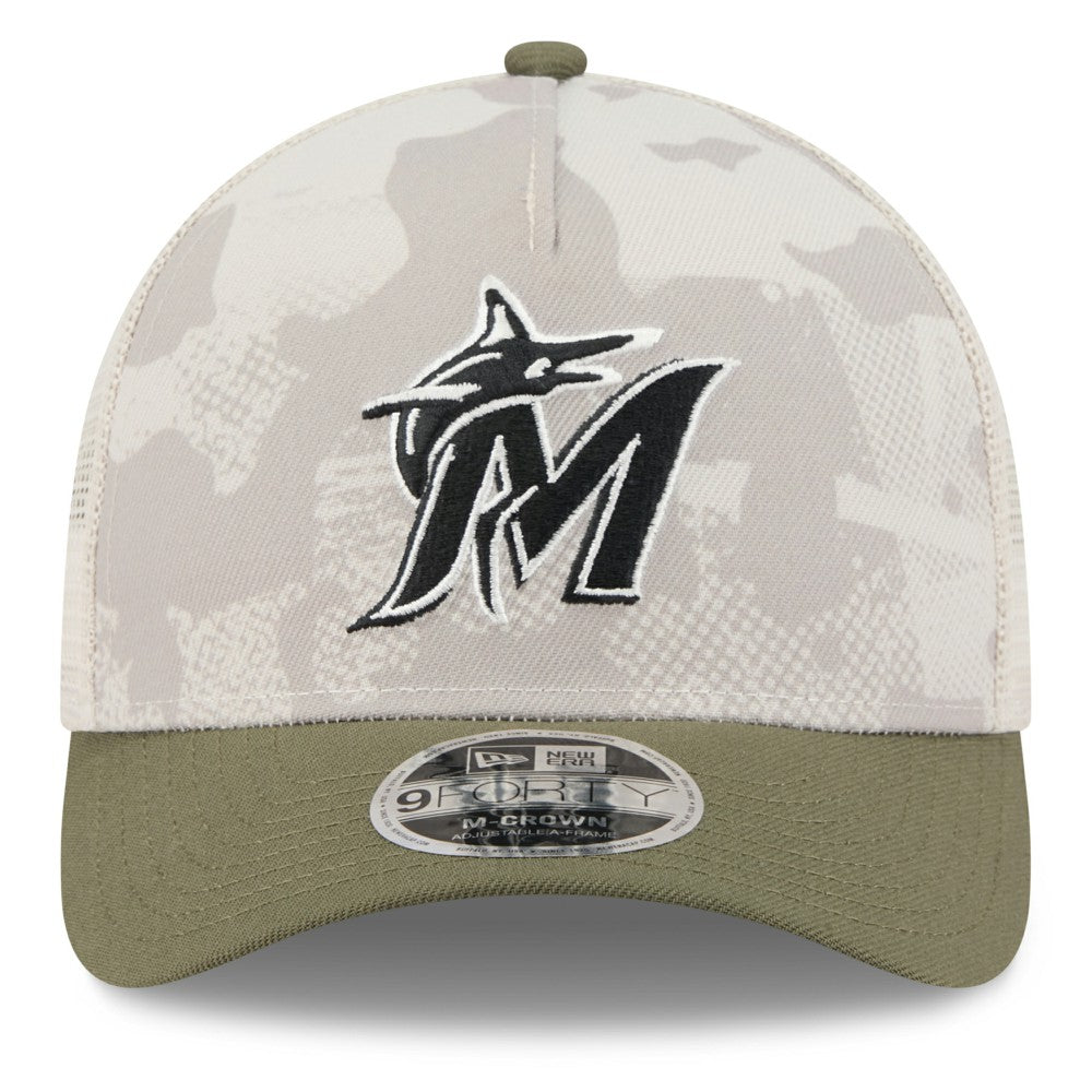 Miami Marlins 2025 Armed Forces Day 9FORTY M-Crown A-Frame Adjustable Hat Light Beige/Olive | New Era