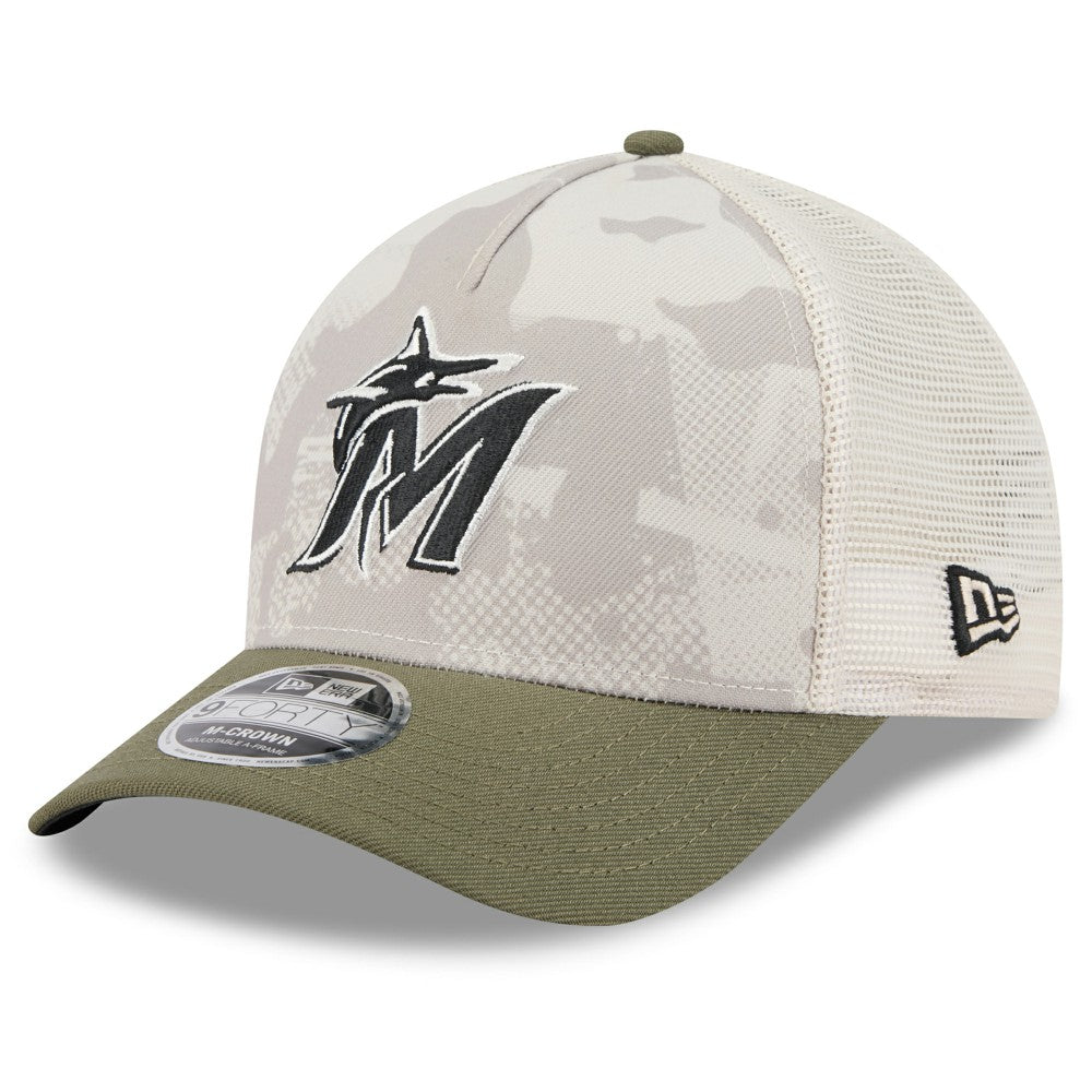 Miami Marlins 2025 Armed Forces Day 9FORTY M-Crown A-Frame Adjustable Hat Light Beige/Olive | New Era