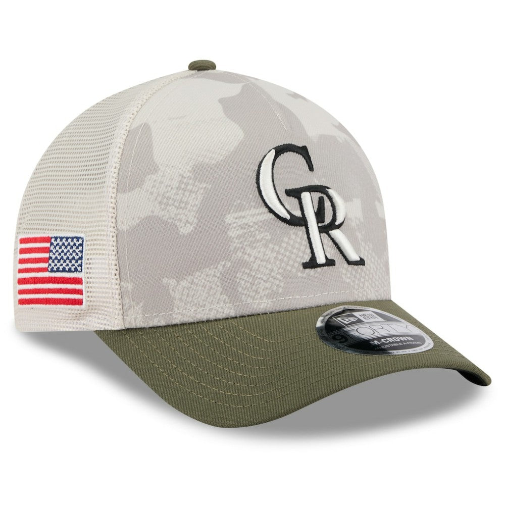 Colorado Rockies 2025 Armed Forces Day 9FORTY M-Crown A-Frame Adjustable Hat Light Beige/Olive | New Era