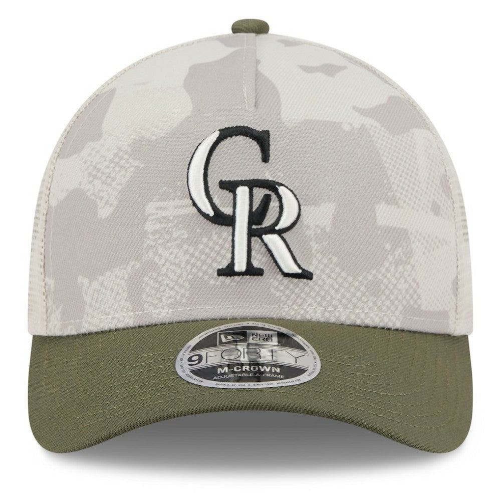 Colorado Rockies 2025 Armed Forces Day 9FORTY M-Crown A-Frame Adjustable Hat Light Beige/Olive | New Era