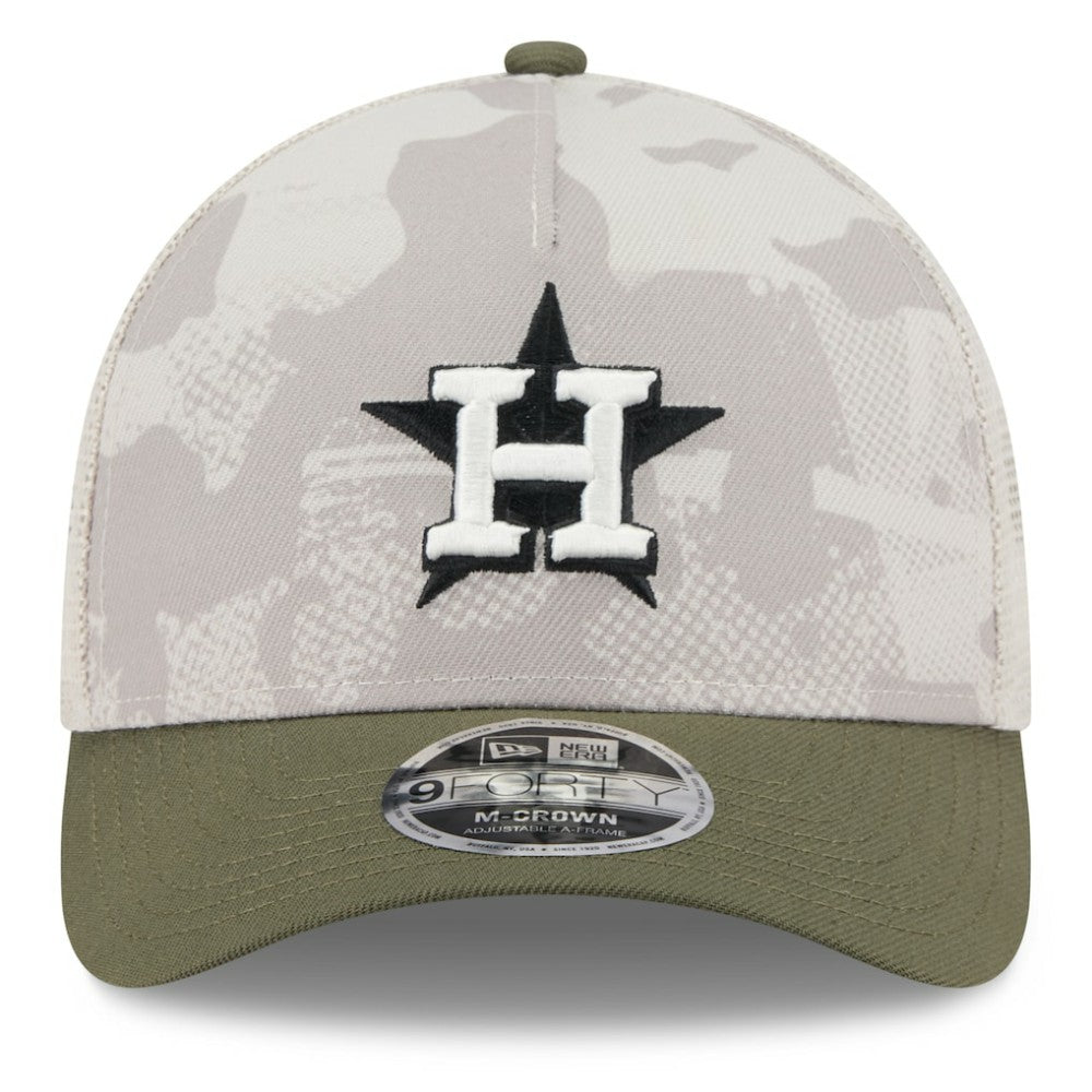 Houston Astros 2025 Armed Forces Day 9FORTY M-Crown A-Frame Adjustable Hat Light Beige/Olive | New Era
