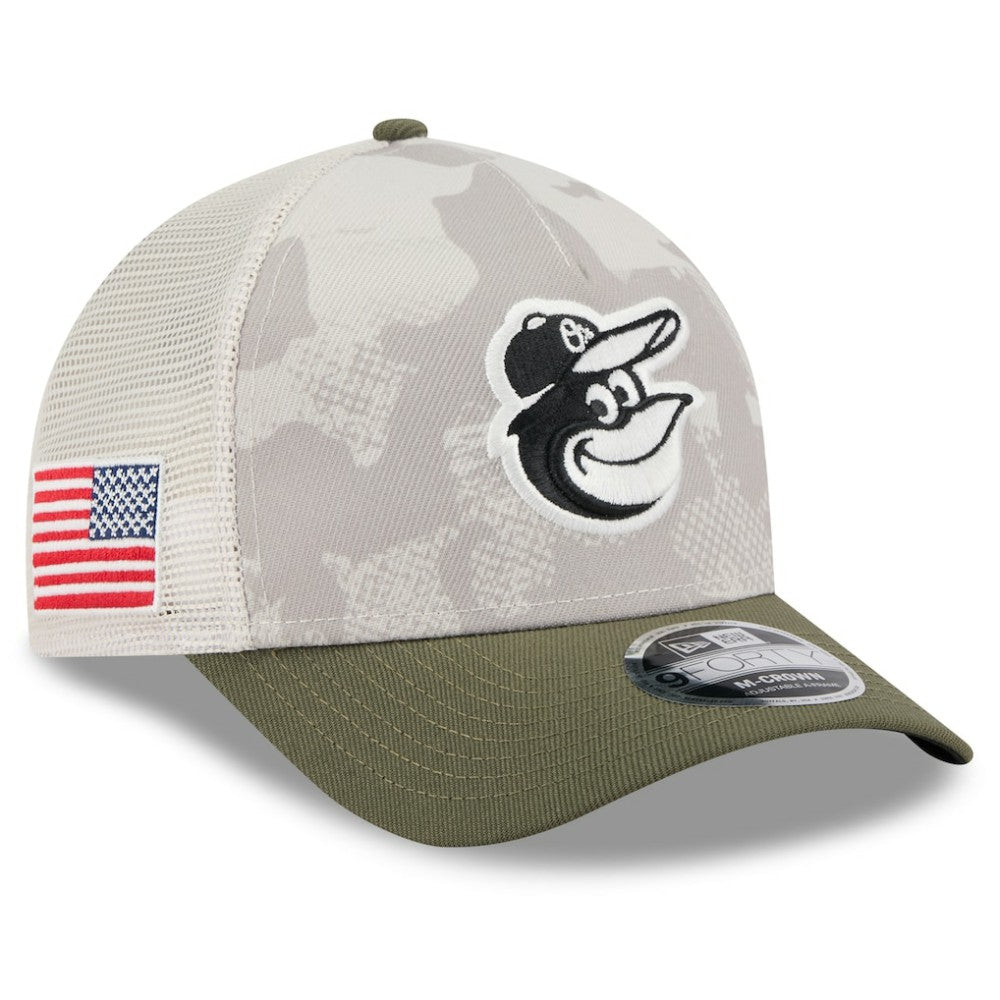 Baltimore Orioles 2025 Armed Forces Day 9FORTY M-Crown A-Frame Adjustable Hat Light Beige/Olive | New Era