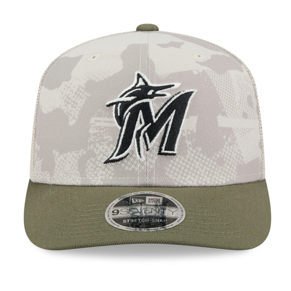 Miami Marlins 2025 Armed Forces Day 9SEVENTY Stretch-Snap Hat Light Beige/Olive | New Era