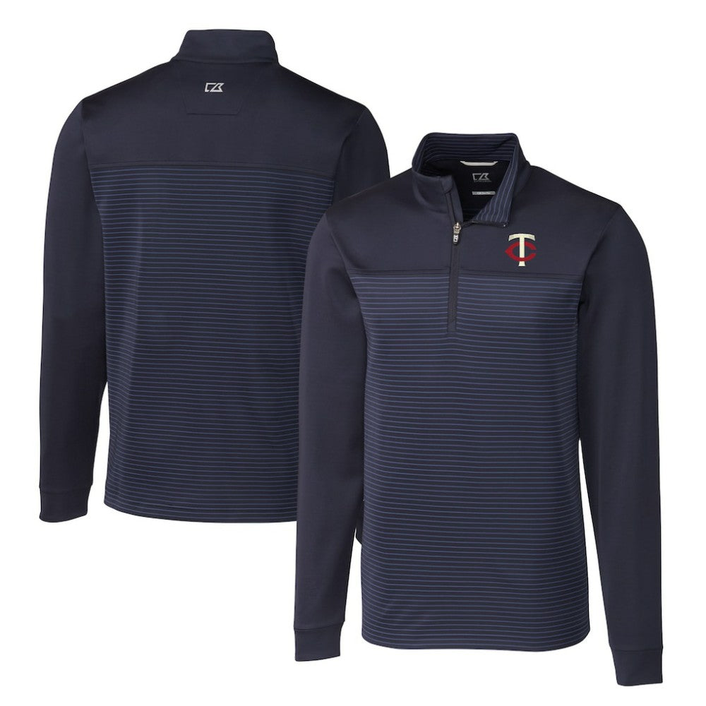 Minnesota Twins Cutter & Buck Big & Tall Traverse Stripe Stretch DryTec Quarter-Zip Top Navy