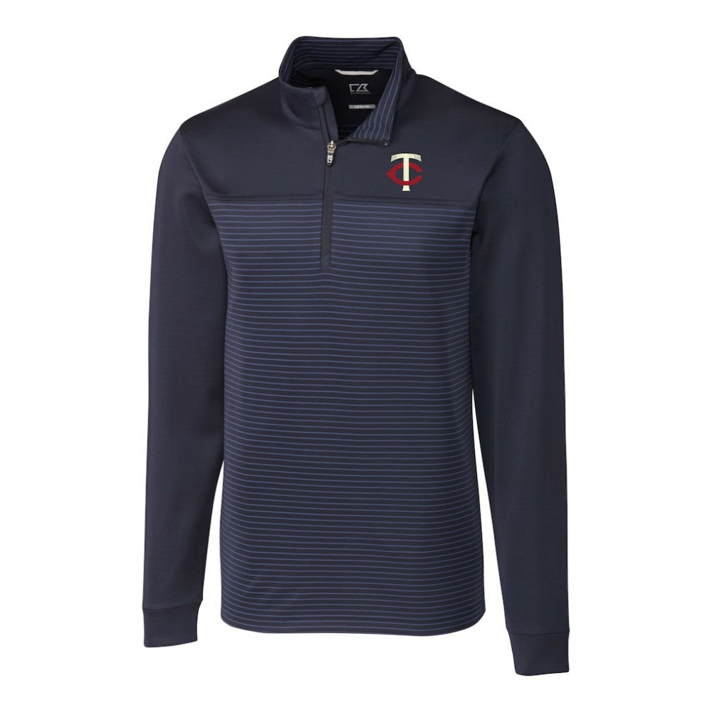 Minnesota Twins Cutter & Buck Big & Tall Traverse Stripe Stretch DryTec Quarter-Zip Top Navy
