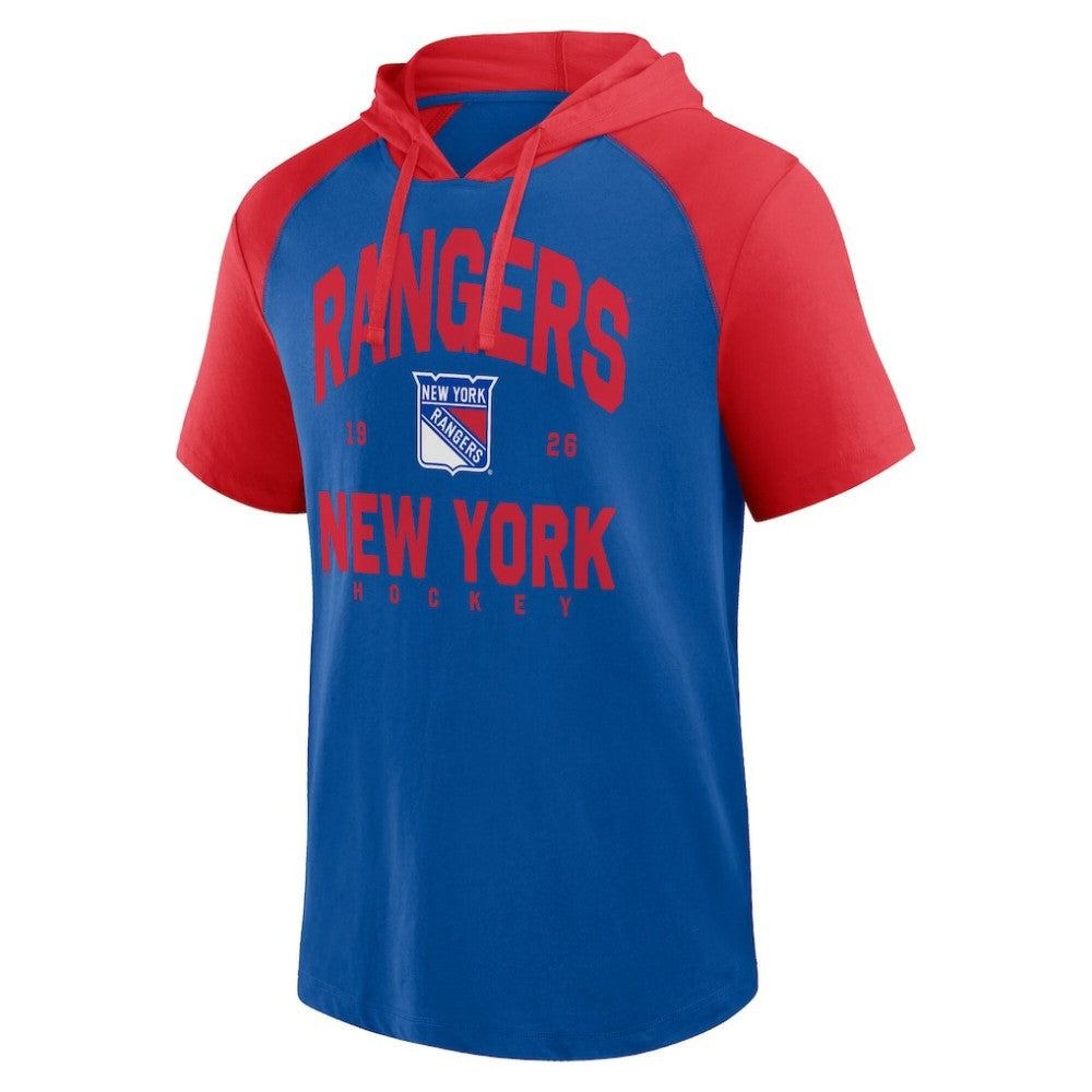 New York Rangers Logo Athletic Prime Raglan Short Sleeve Pullover Hoodie Blue