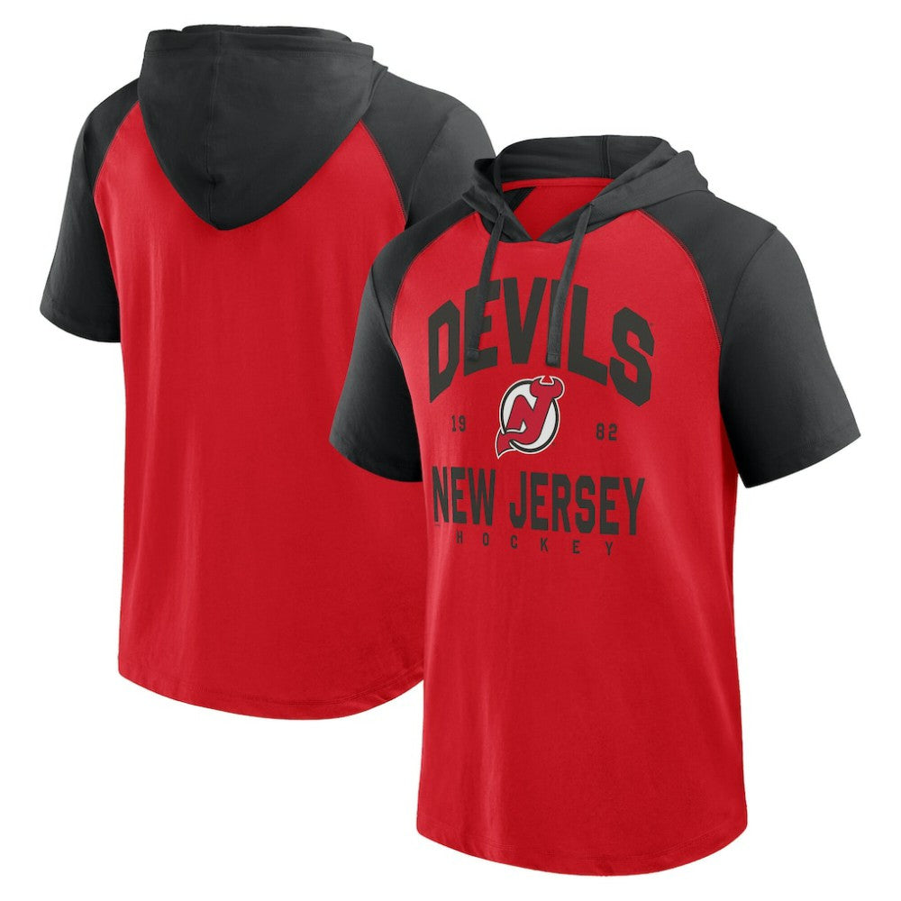 New Jersey Devils Logo Athletic Prime Raglan Short Sleeve Pullover Hoodie Red