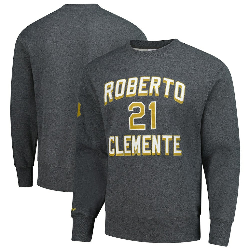 Roberto Clemente Pittsburgh Pirates Legends Collection Vintage Logo Name & Number Fleece Pullover Sweatshirt Heather Charcoal | Mitchell & Ness