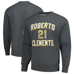 Roberto Clemente Pittsburgh Pirates Legends Collection Vintage Logo Name & Number Fleece Pullover Sweatshirt Heather Charcoal | Mitchell & Ness