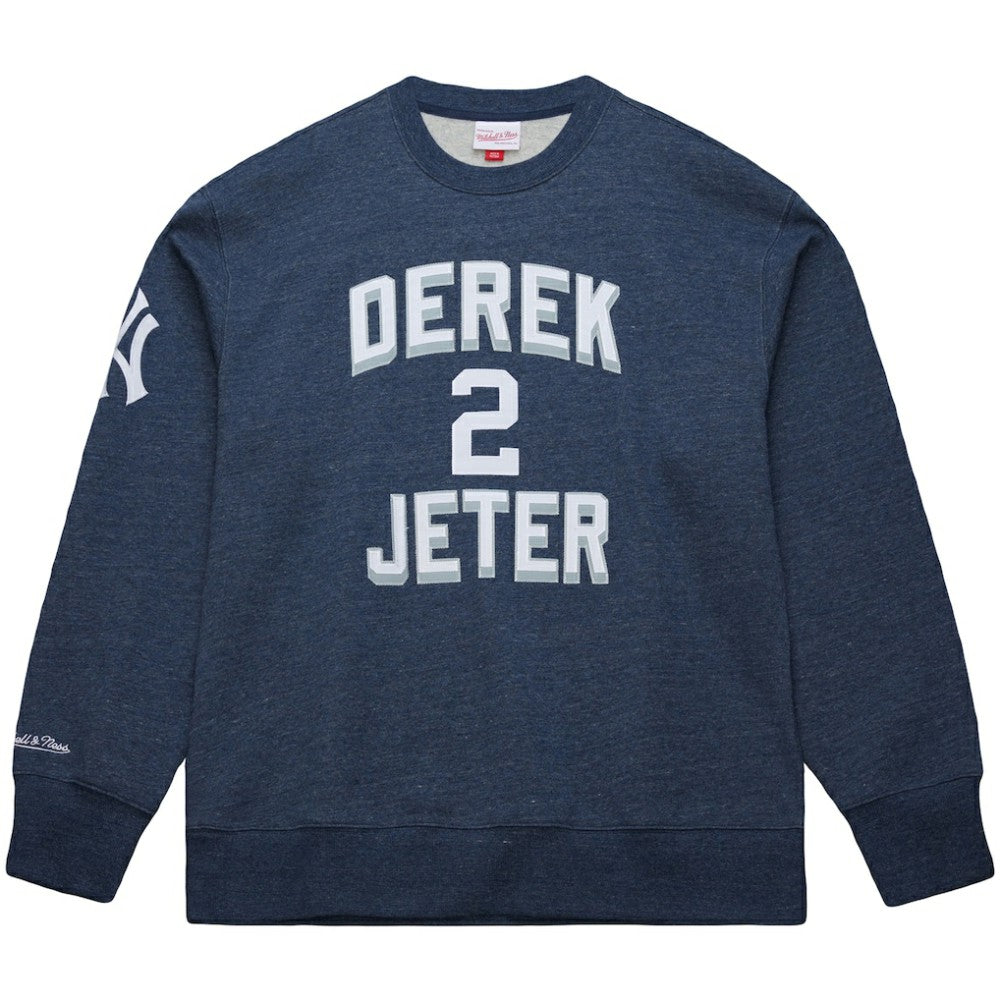 Derek Jeter New York Yankees Legends Collection Vintage Logo Fleece Name & Number Pullover Sweatshirt Heather Navy | Mitchell & Ness