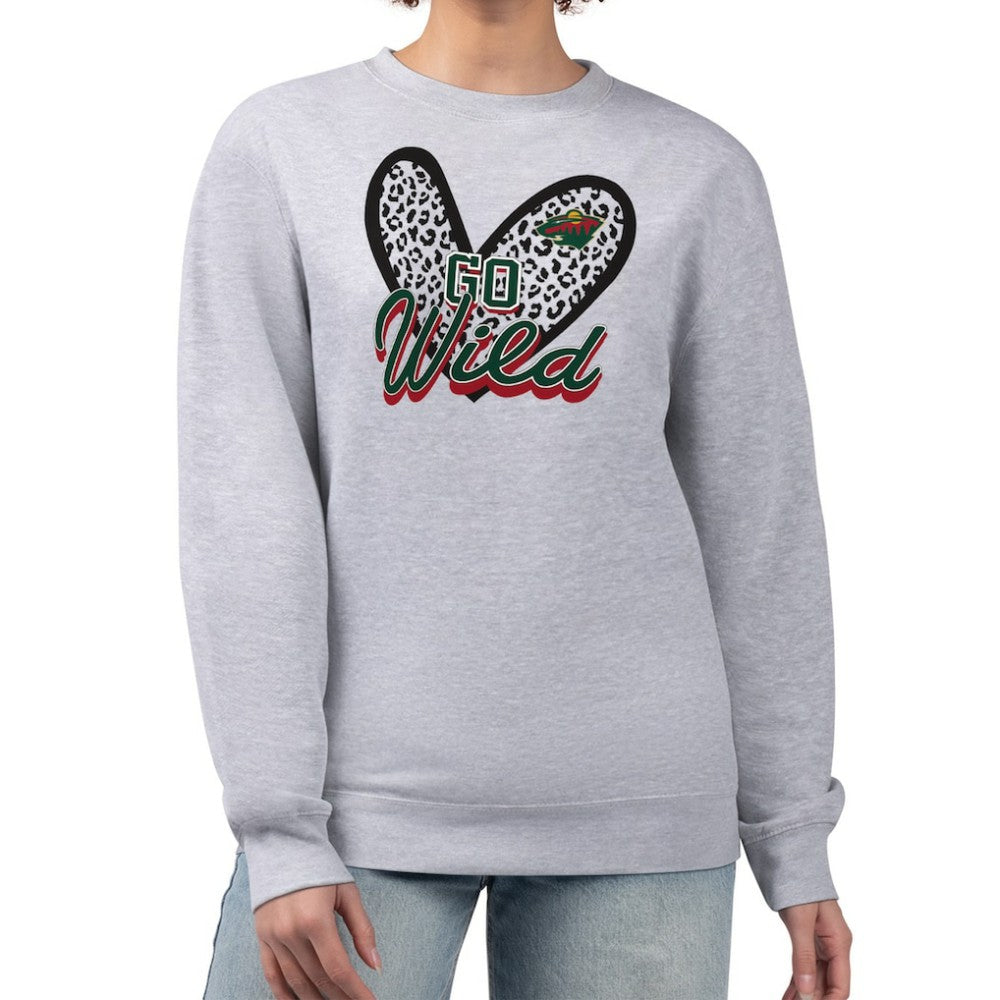 Minnesota Wild G-III 4Her by Carl Banks Women's Animal Print Heart Fleece Pullover Sweatshirt Heather Gray