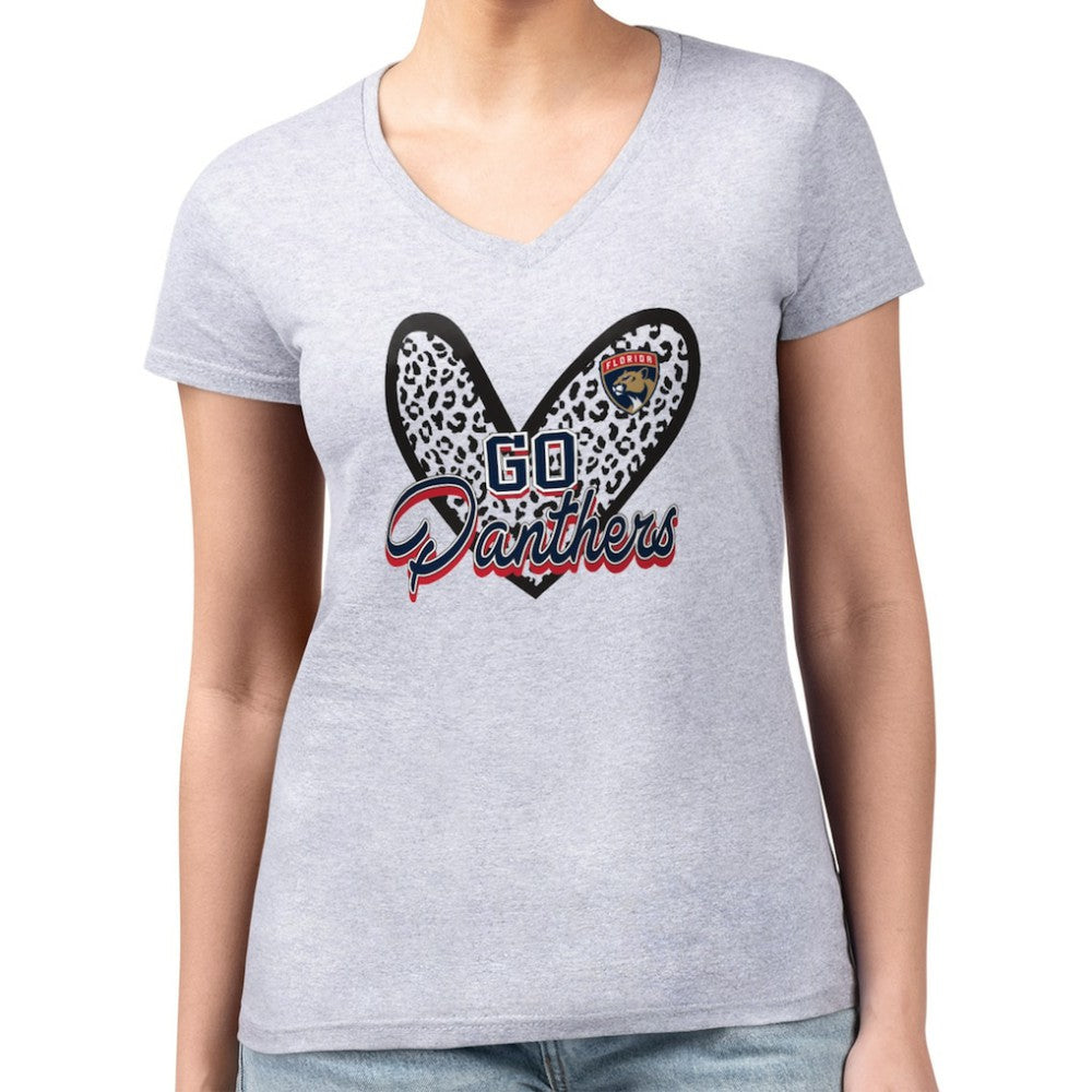 Florida Panthers G-III 4Her by Carl Banks Women's Super-Slim Fit Lightweight Animal Print Heart V-Neck T-Shirt Heather Gray