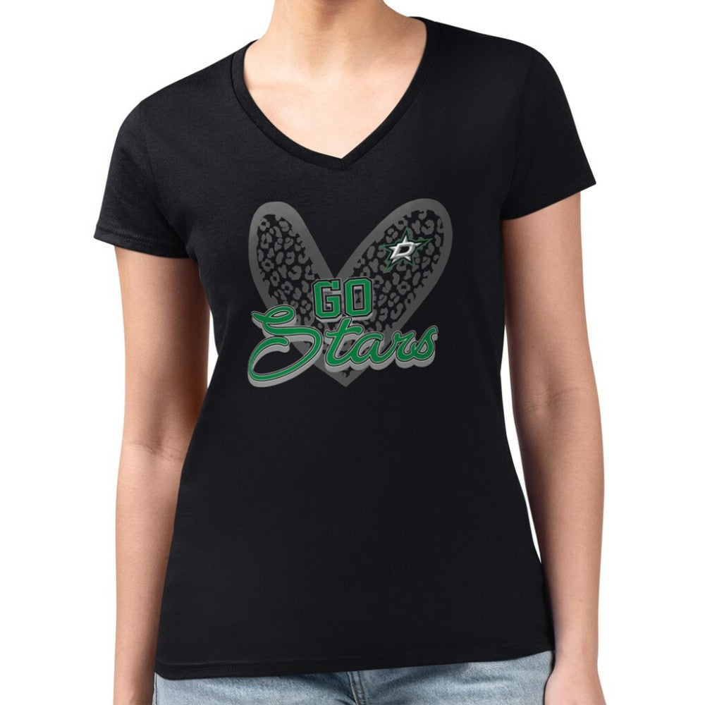 Dallas Stars G-III 4Her by Carl Banks Women's Super-Slim Fit Lightweight Animal Print Heart V-Neck T-Shirt Black