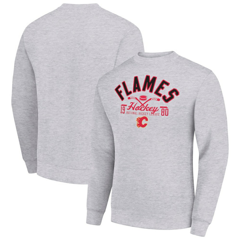 Calgary Flames Starter Stick And Puck Logo Fleece Pullover Sweatshirt Heather Gray