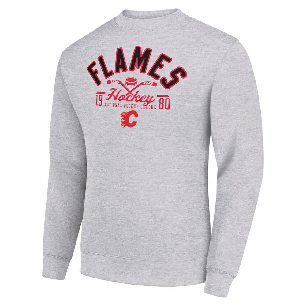 Calgary Flames Starter Stick And Puck Logo Fleece Pullover Sweatshirt Heather Gray