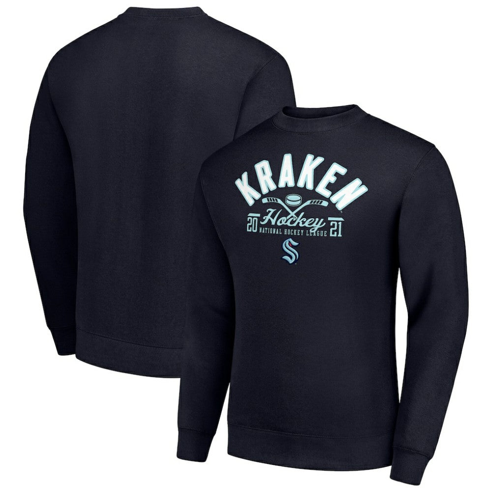 Seattle Kraken Starter Stick And Puck Logo Fleece Pullover Sweatshirt Navy