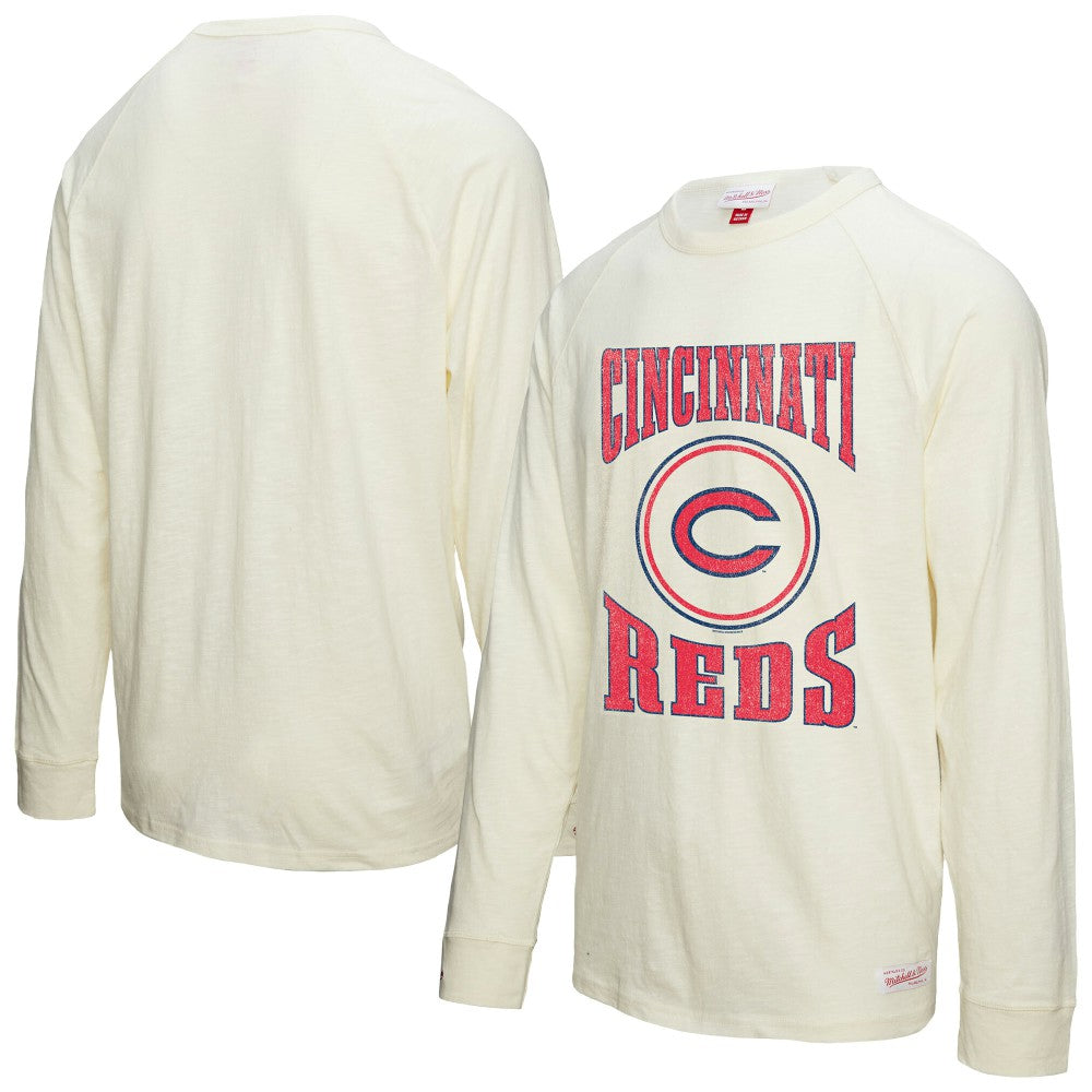 Cincinnati Reds Arched Logo Slub Long Sleeve T-Shirt Cream | Mitchell & Ness