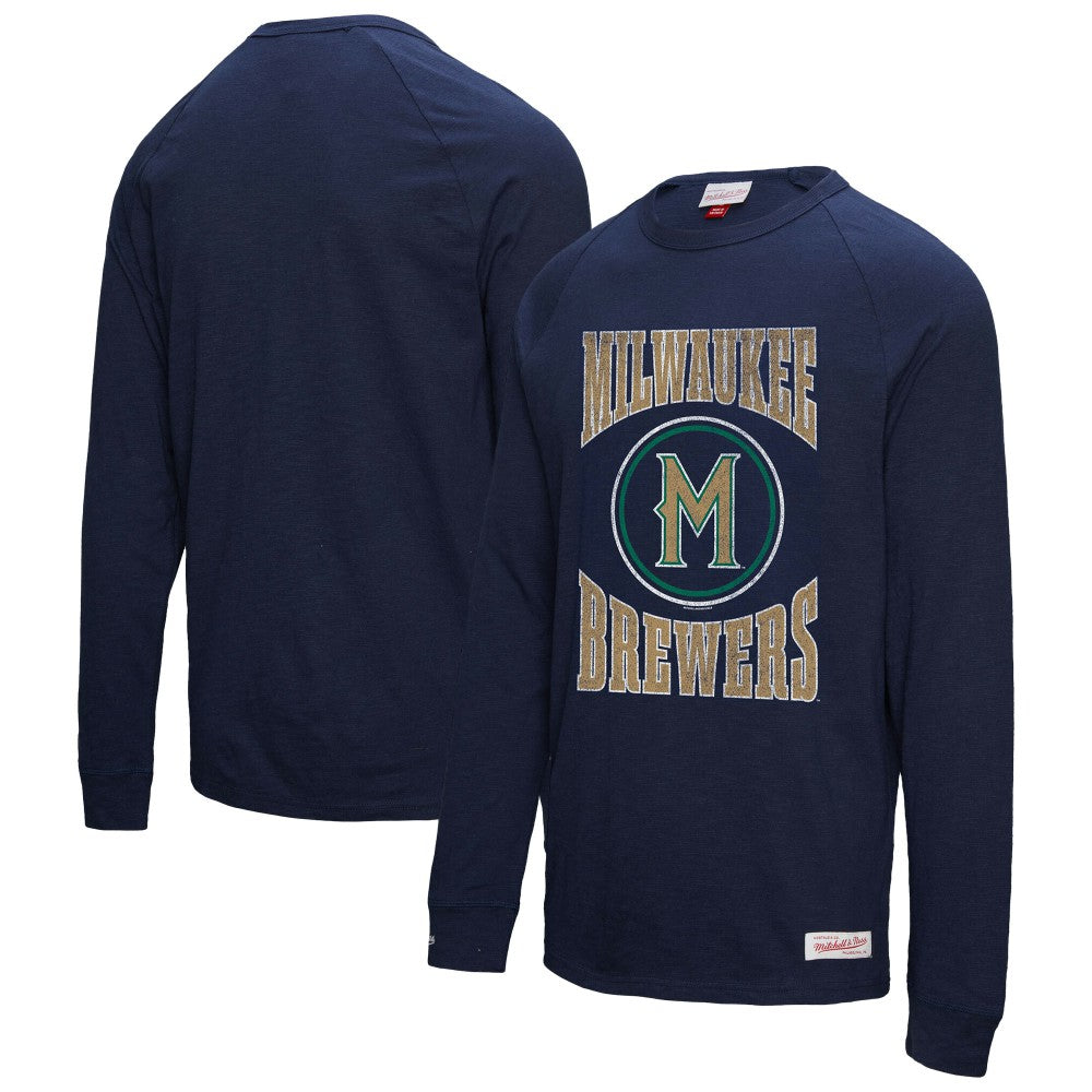 Milwaukee Brewers Arched Logo Slub Long Sleeve T-Shirt Navy | Mitchell & Ness