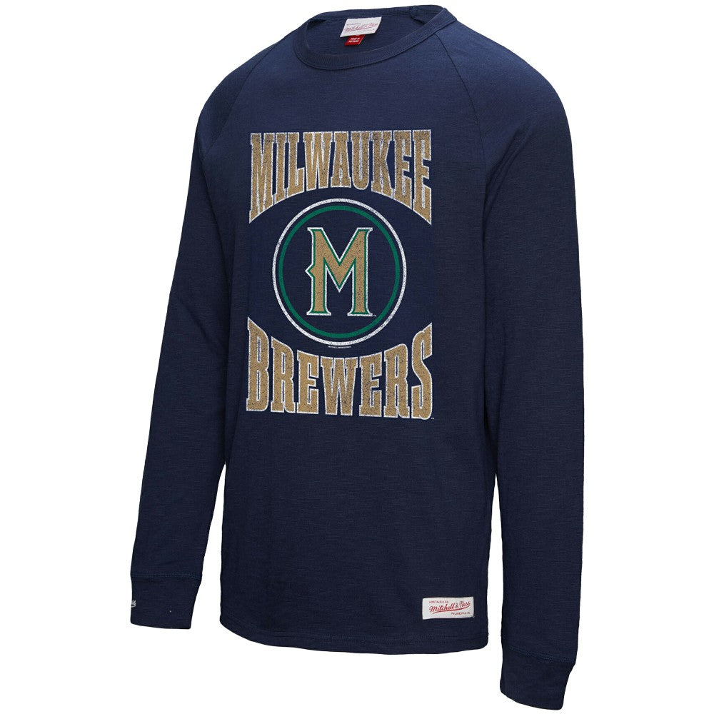 Milwaukee Brewers Arched Logo Slub Long Sleeve T-Shirt Navy | Mitchell & Ness