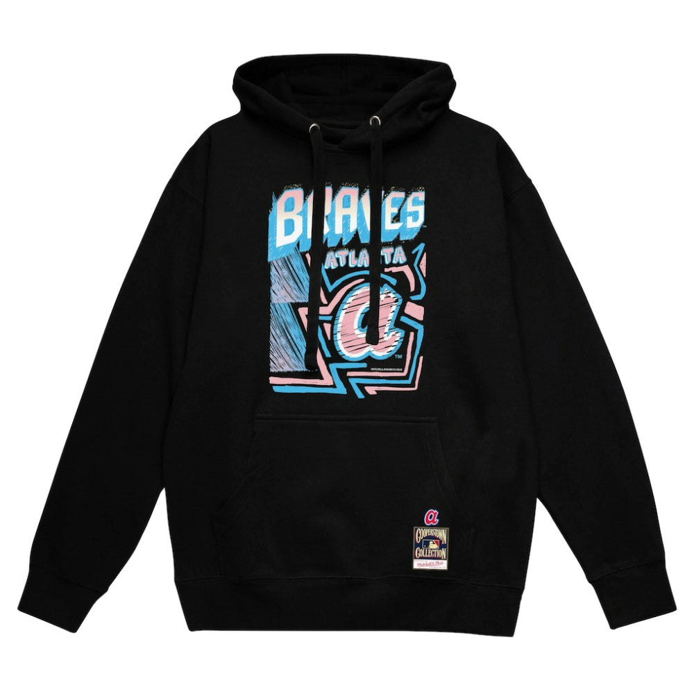 Atlanta Braves Sidewalk Sketch Pullover Hoodie Black | Mitchell & Ness