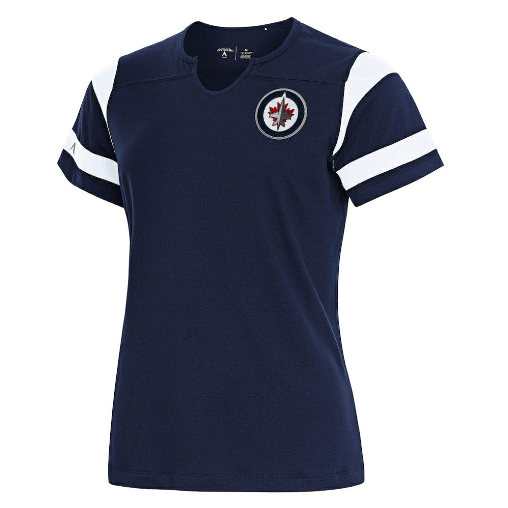 Winnipeg Jets Antigua Women's Encounter Short Sleeve Notch Neck Top Navy