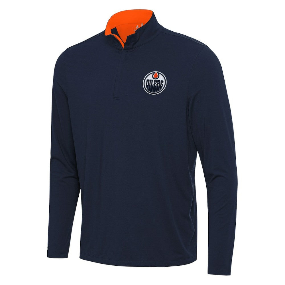 Edmonton Oilers Antigua Content Quarter-Zip Pullover Top Navy/Orange