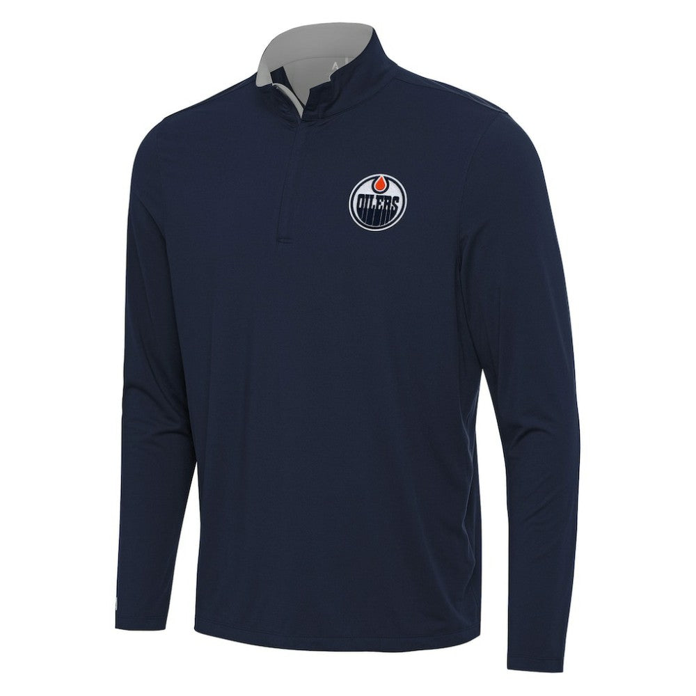 Edmonton Oilers Antigua Content Quarter-Zip Pullover Top Navy/Gray