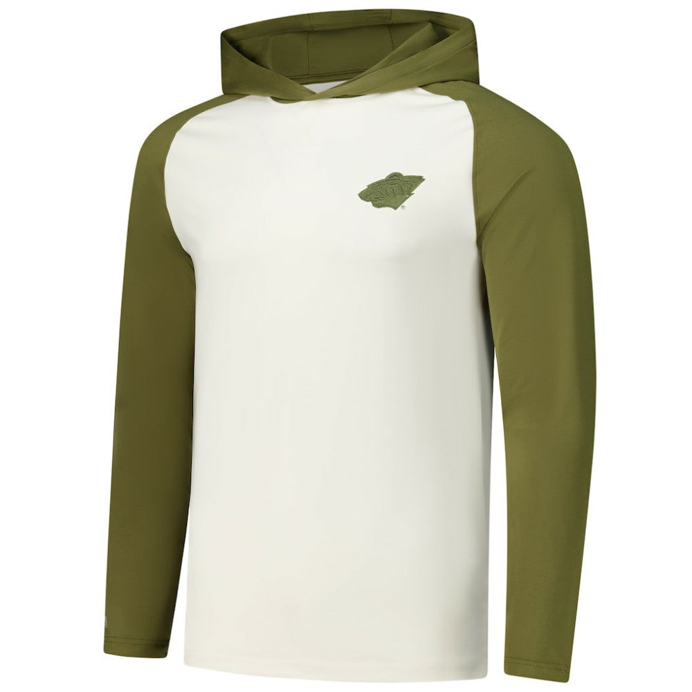 Minnesota Wild Antigua Intrepid Sand Raglan Long Sleeve Hoodie T-Shirt Cream/Olive