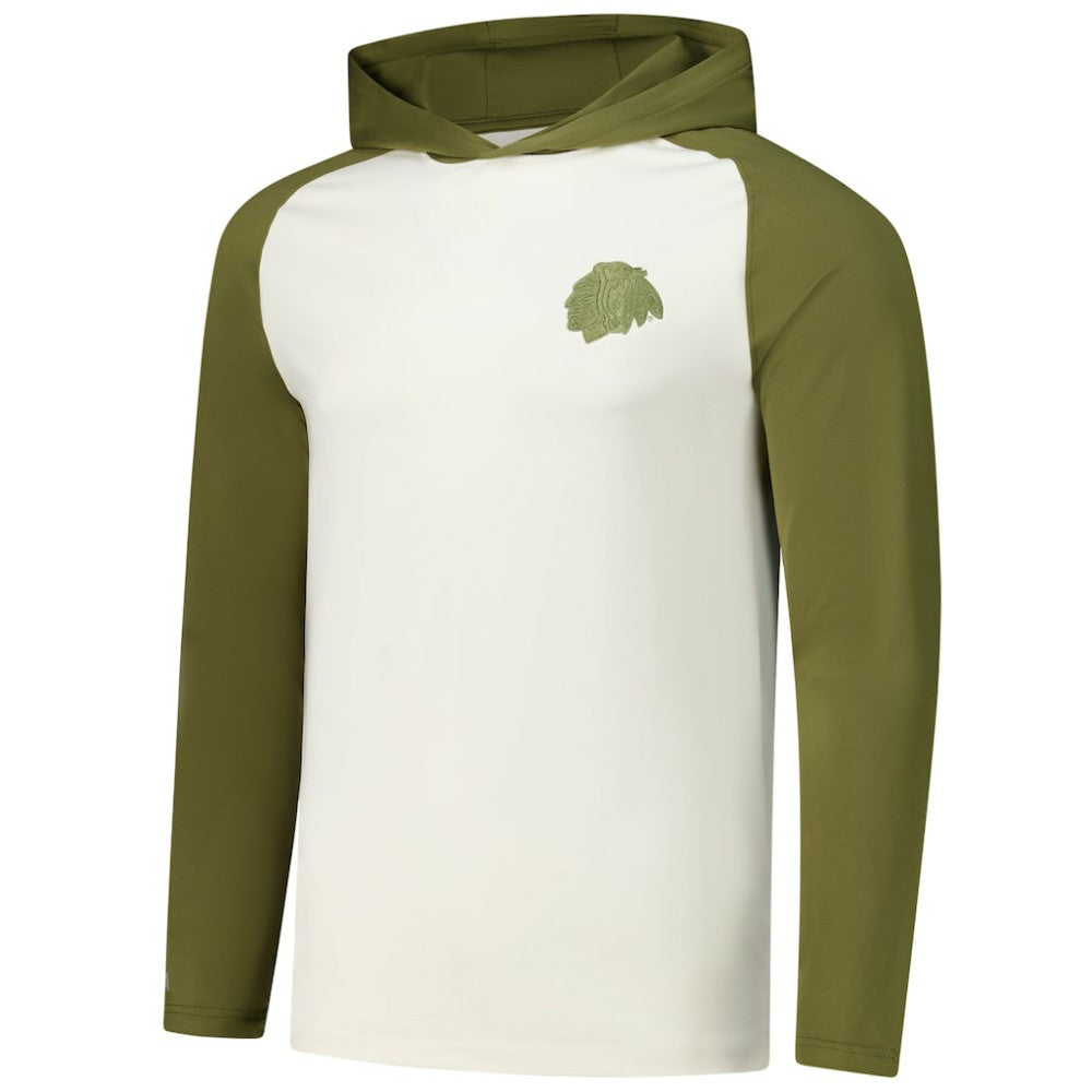 Chicago Blackhawks Antigua Intrepid Sand Raglan Long Sleeve Hoodie T-Shirt Cream/Olive