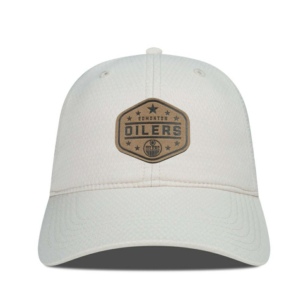 Edmonton Oilers Men's Levelwear Faux Leather Patch Unstructured Adjustable Hat Cream