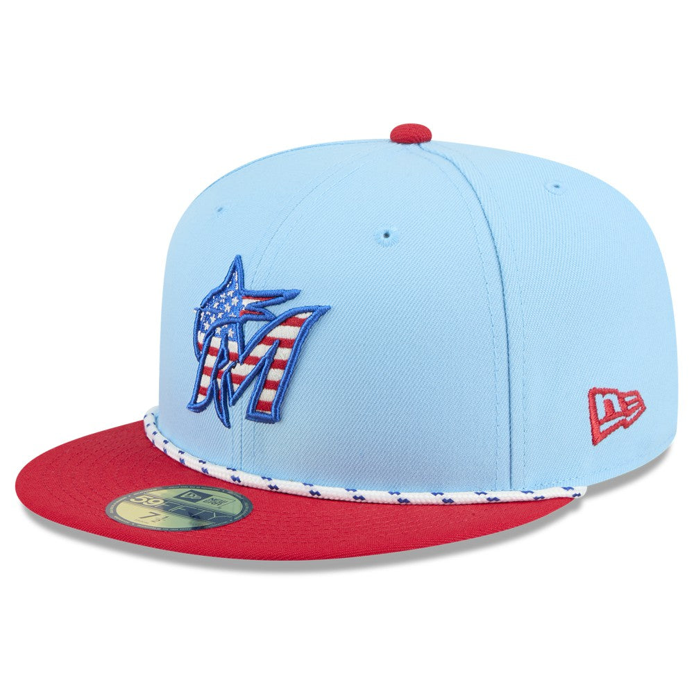 Miami Marlins 2025 Fourth of July 59FIFTY Fitted Hat Light Blue/Red | New Era