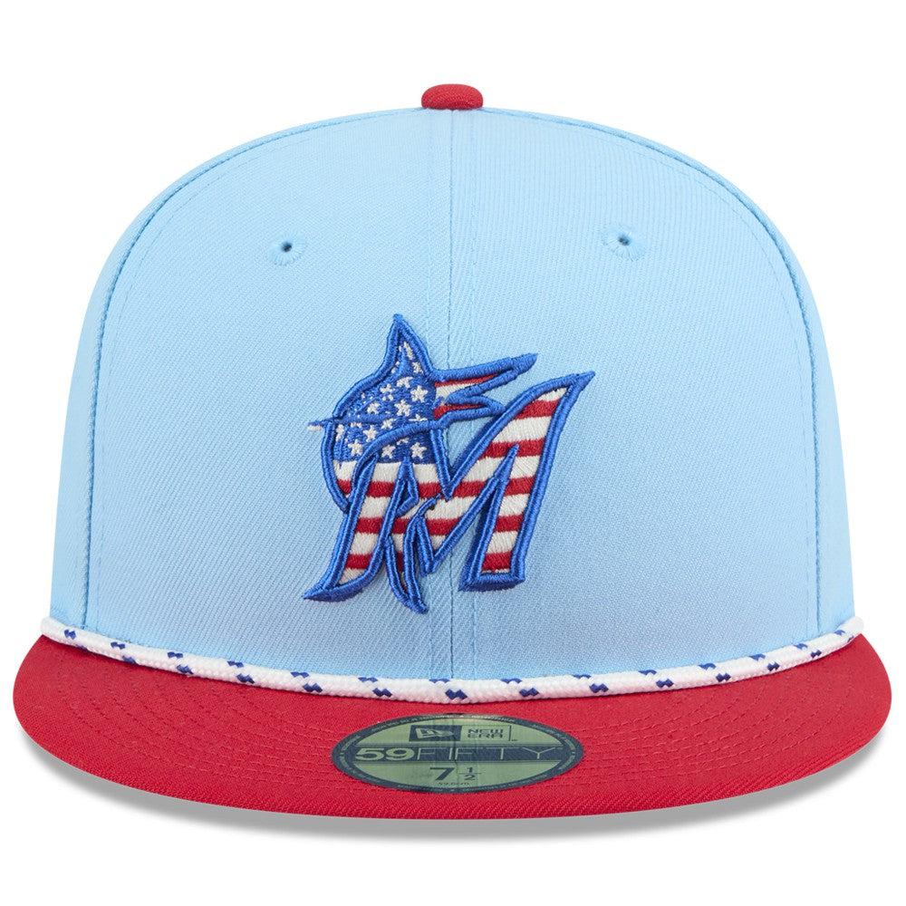 Miami Marlins 2025 Fourth of July 59FIFTY Fitted Hat Light Blue/Red | New Era