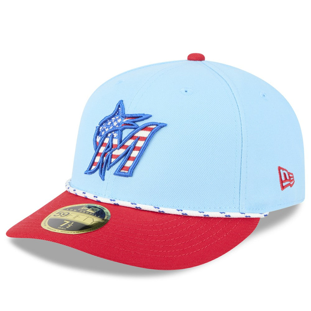 Miami Marlins 2025 Fourth of July Low Profile 59FIFTY Fitted Hat Light Blue/Red | New Era