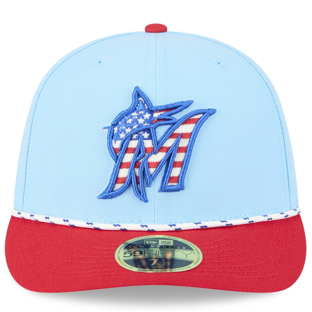 Miami Marlins 2025 Fourth of July Low Profile 59FIFTY Fitted Hat Light Blue/Red | New Era