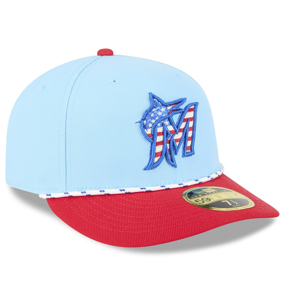 Miami Marlins 2025 Fourth of July Low Profile 59FIFTY Fitted Hat Light Blue/Red | New Era