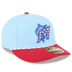 Miami Marlins 2025 Fourth of July Low Profile 59FIFTY Fitted Hat Light Blue/Red | New Era