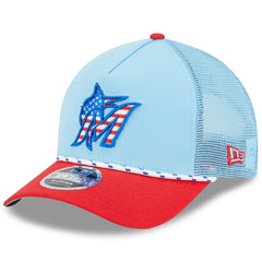 Miami Marlins 2025 Fourth of July 9FORTY A-Frame M-Crown Adjustable Trucker Hat Light Blue/Red | New Era