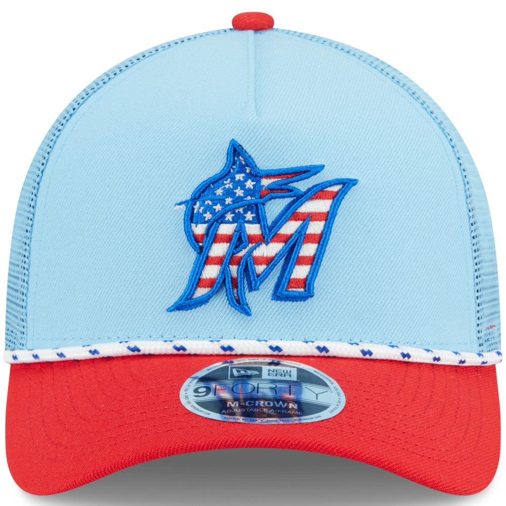 Miami Marlins 2025 Fourth of July 9FORTY A-Frame M-Crown Adjustable Trucker Hat Light Blue/Red | New Era