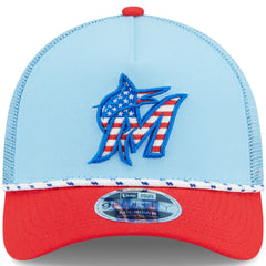 Miami Marlins 2025 Fourth of July 9FORTY A-Frame M-Crown Adjustable Trucker Hat Light Blue/Red | New Era