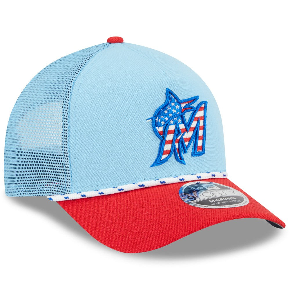Miami Marlins 2025 Fourth of July 9FORTY A-Frame M-Crown Adjustable Trucker Hat Light Blue/Red | New Era