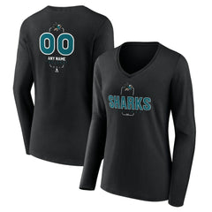 San Jose Sharks Women's Personalized Name & Number Midfielder Long Sleeve V-Neck T-Shirt Black
