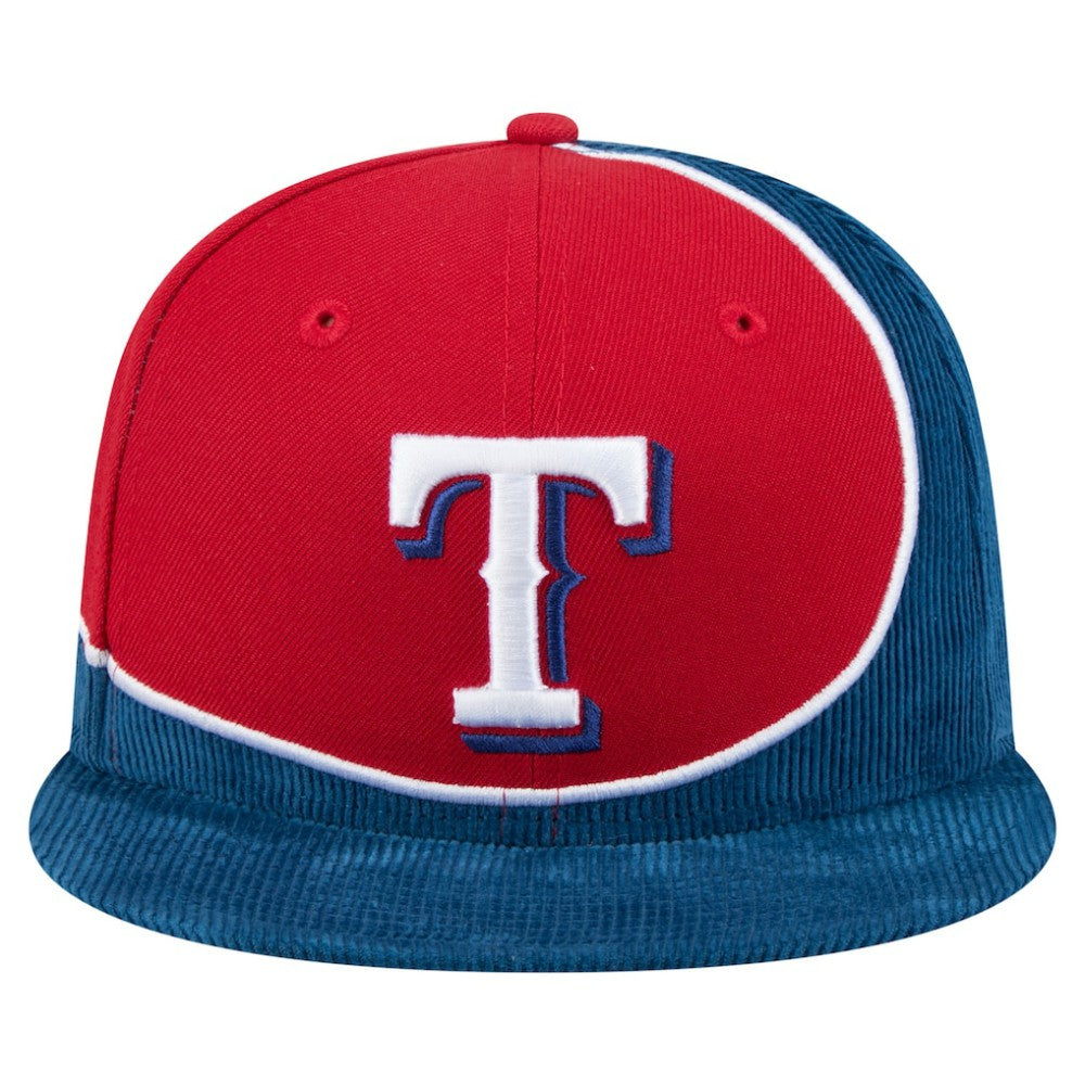 Texas Rangers Retro Split Corduroy Snapback Hat Royal/Red | New Era