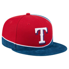 Texas Rangers Retro Split Corduroy Snapback Hat Royal/Red | New Era