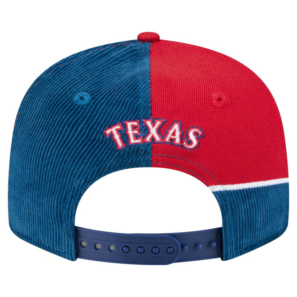 Texas Rangers Retro Split Corduroy Snapback Hat Royal/Red | New Era