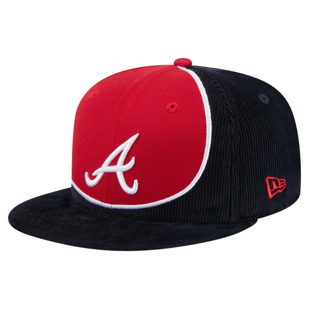 Atlanta Braves Retro Split Corduroy Snapback Hat Navy/Red | New Era